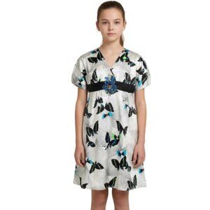 Single Girls V-Neck A-Line Skater Silk Butterfly Print Lined Dress (M) NWOT
